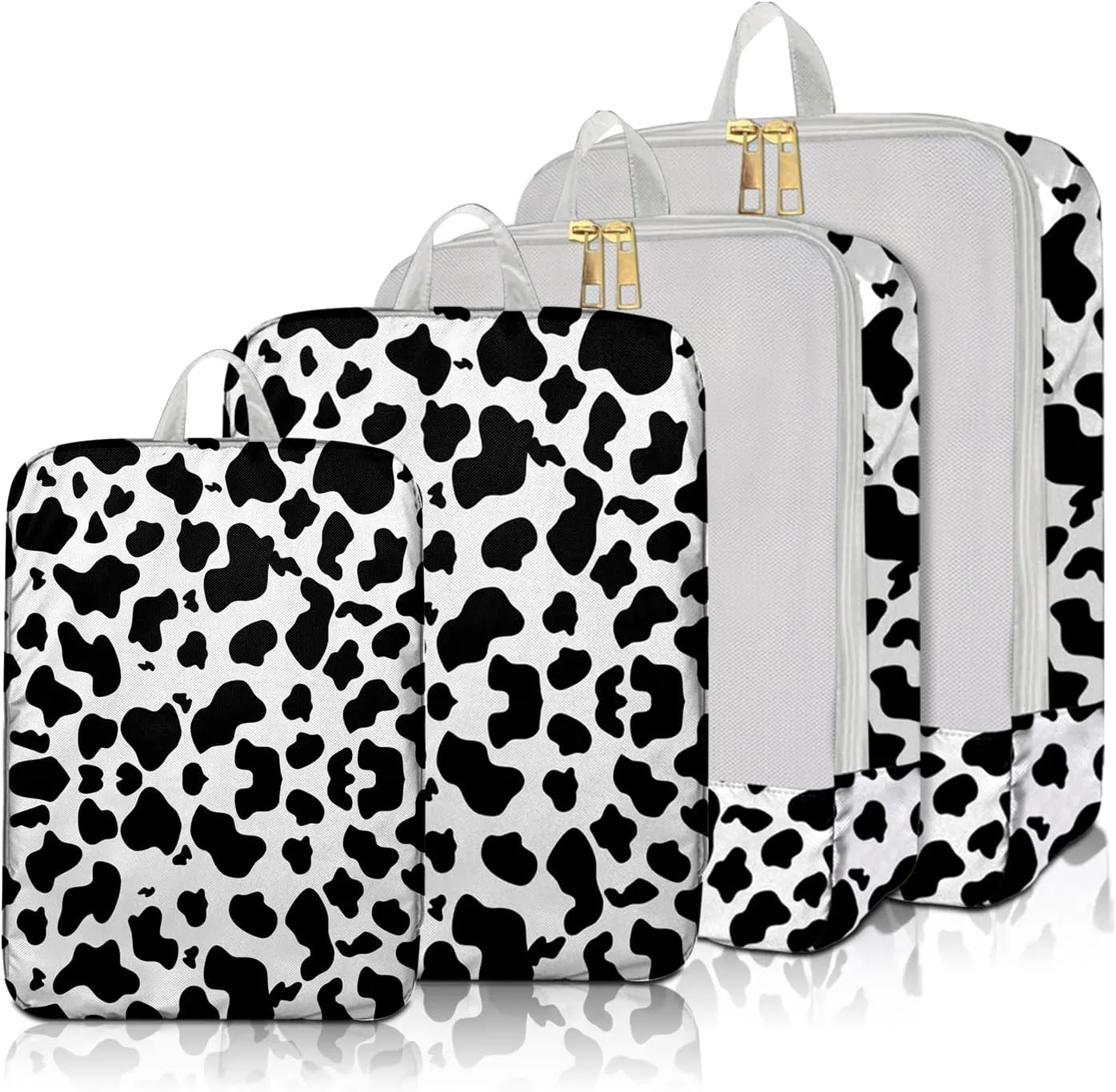 4 Set Packing Cubes Travel Luggage Organizers Compression cubes for Suitcase Travel Accessories for Women Girls Aesthetic Cute-Black White Cow Pattern