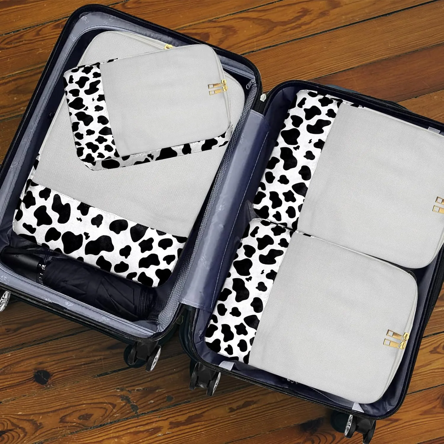 4 Set Packing Cubes Travel Luggage Organizers Compression cubes for Suitcase Travel Accessories for Women Girls Aesthetic Cute-Black White Cow Pattern