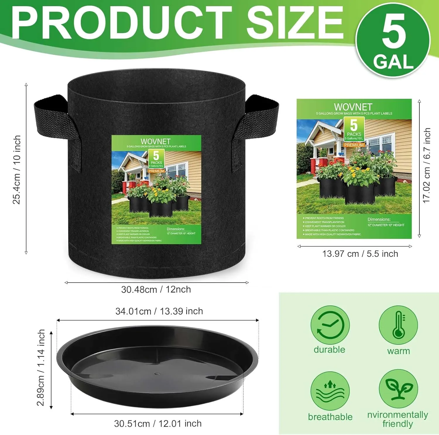 5 Pack 5 Gallon Grow Bags with 5 Plant Saucer and 5 Labels 260g Thickened Nonwoven Fabric Plant Pots with Handles, Garden Grow Bags for Vegetables, Aeration Pots