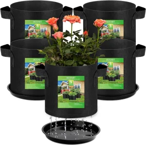 5 Pack 5 Gallon Grow Bags with 5 Plant Saucer and 5 Labels 260g Thickened Nonwoven Fabric Plant Pots with Handles, Garden Grow Bags for Vegetables, Aeration Pots