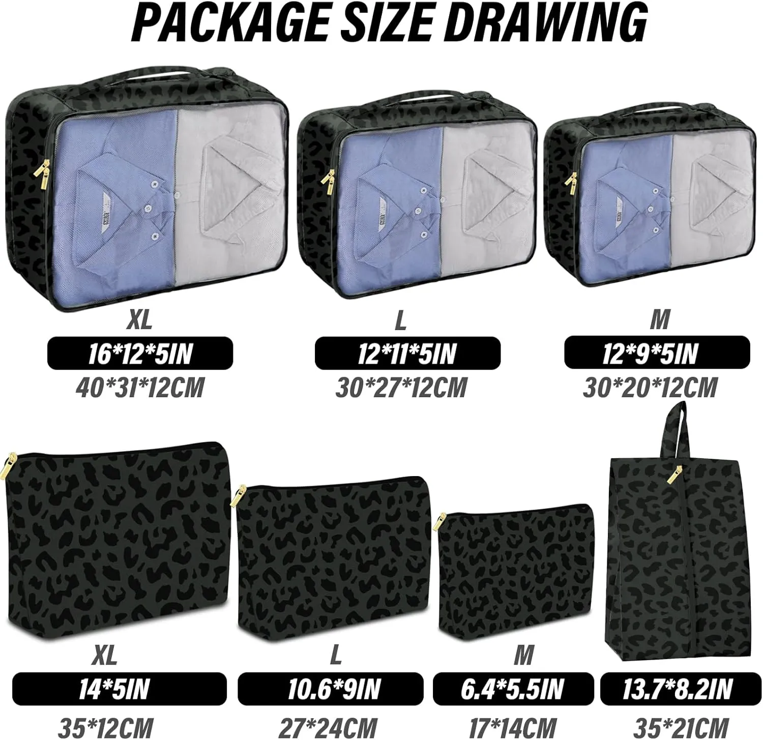 7 Set Packing Cubes Travel Luggage Organizers for Suitcase Travel Accessories with Shoe Bag for Women Girls Aesthetic Cute-Black Leopard Cheetah Pattern