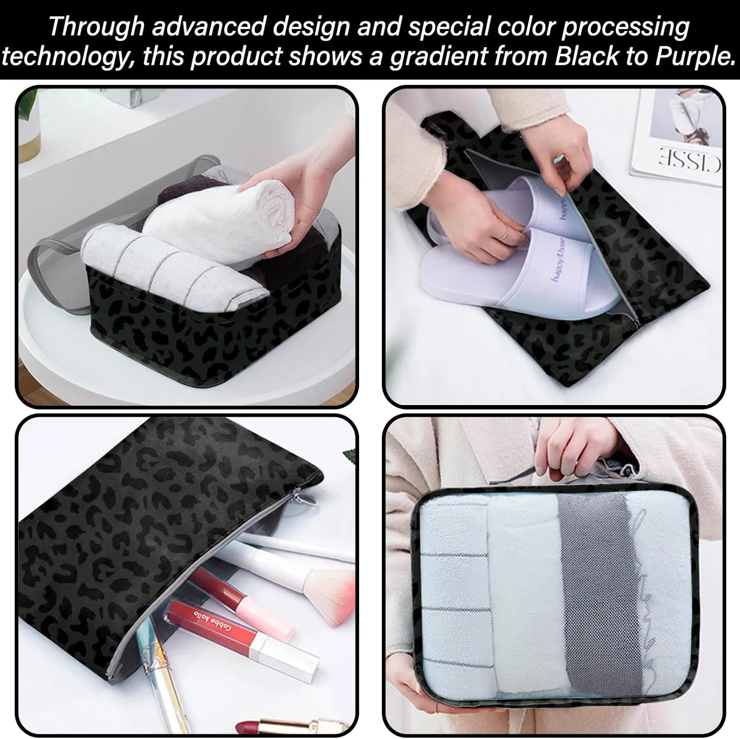 7 Set Packing Cubes Travel Luggage Organizers for Suitcase Travel Accessories with Shoe Bag for Women Girls Aesthetic Cute-Black Leopard Cheetah Pattern