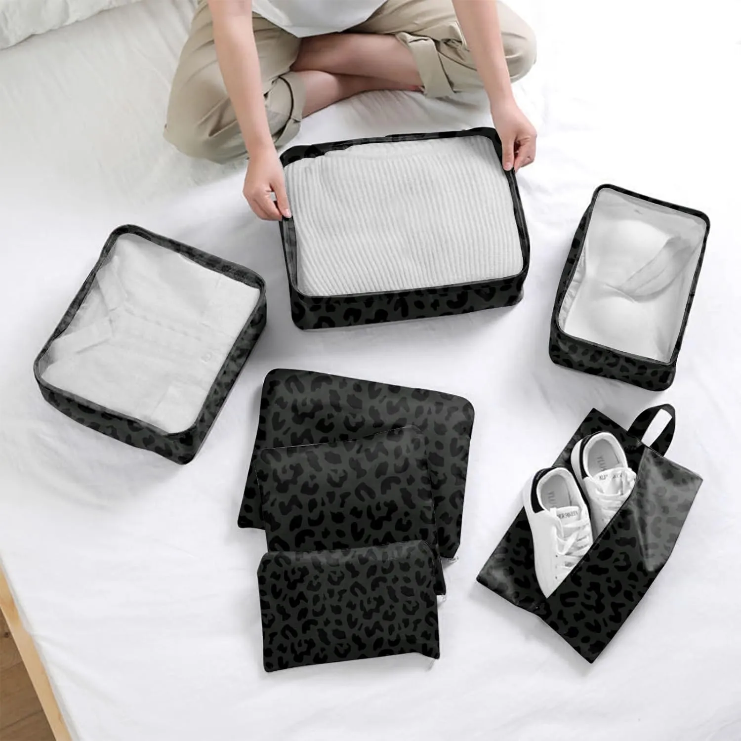 7 Set Packing Cubes Travel Luggage Organizers for Suitcase Travel Accessories with Shoe Bag for Women Girls Aesthetic Cute-Black Leopard Cheetah Pattern
