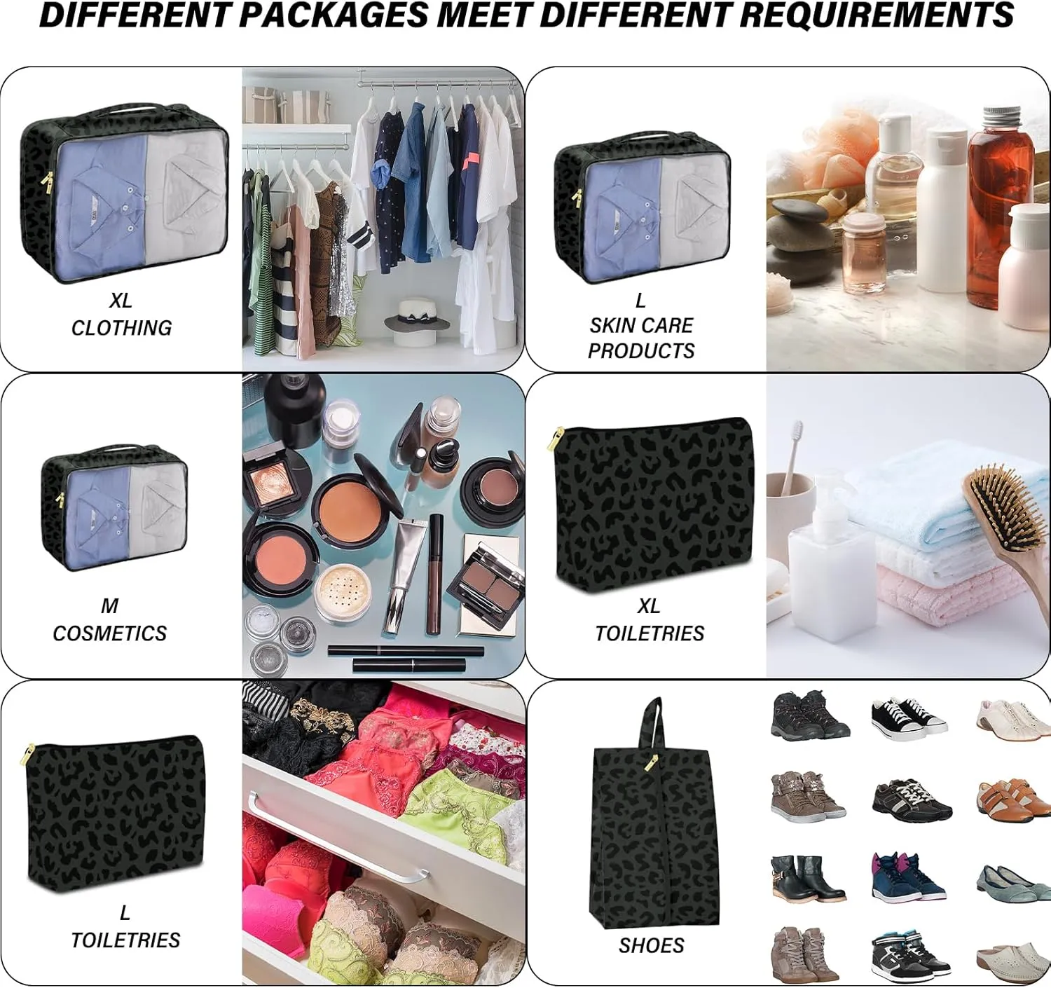 7 Set Packing Cubes Travel Luggage Organizers for Suitcase Travel Accessories with Shoe Bag for Women Girls Aesthetic Cute-Black Leopard Cheetah Pattern
