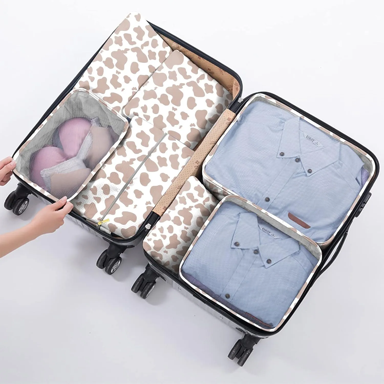 7 Set Packing Cubes Travel Luggage Organizers for Suitcase Travel Accessories with Shoe Bag for Women Girls Aesthetic Cute-Brown Cow