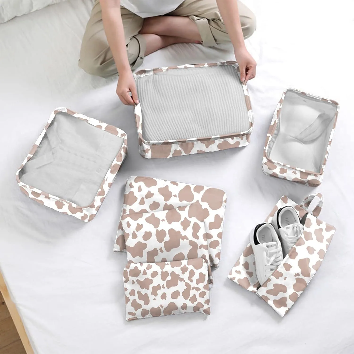 7 Set Packing Cubes Travel Luggage Organizers for Suitcase Travel Accessories with Shoe Bag for Women Girls Aesthetic Cute-Brown Cow
