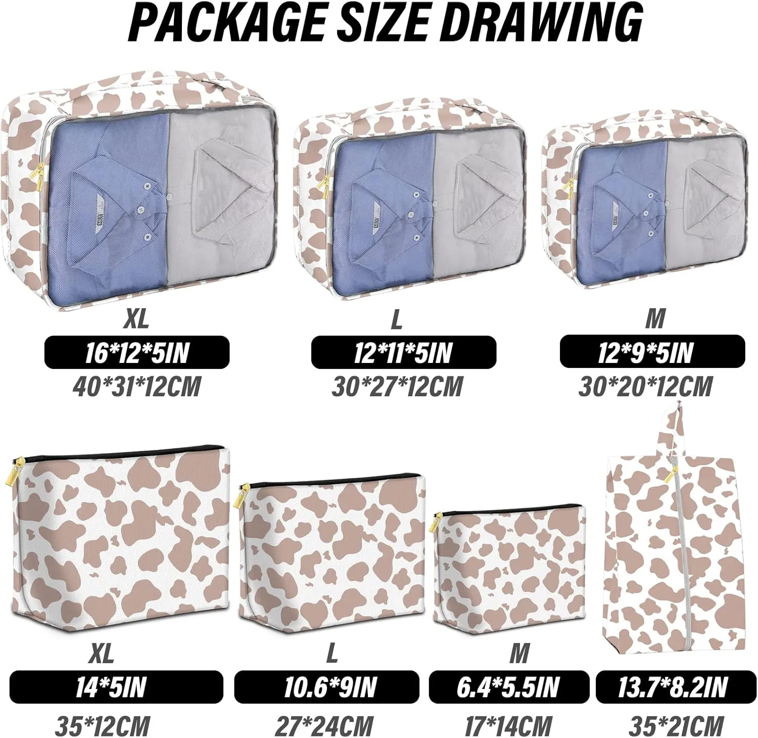 7 Set Packing Cubes Travel Luggage Organizers for Suitcase Travel Accessories with Shoe Bag for Women Girls Aesthetic Cute-Brown Cow