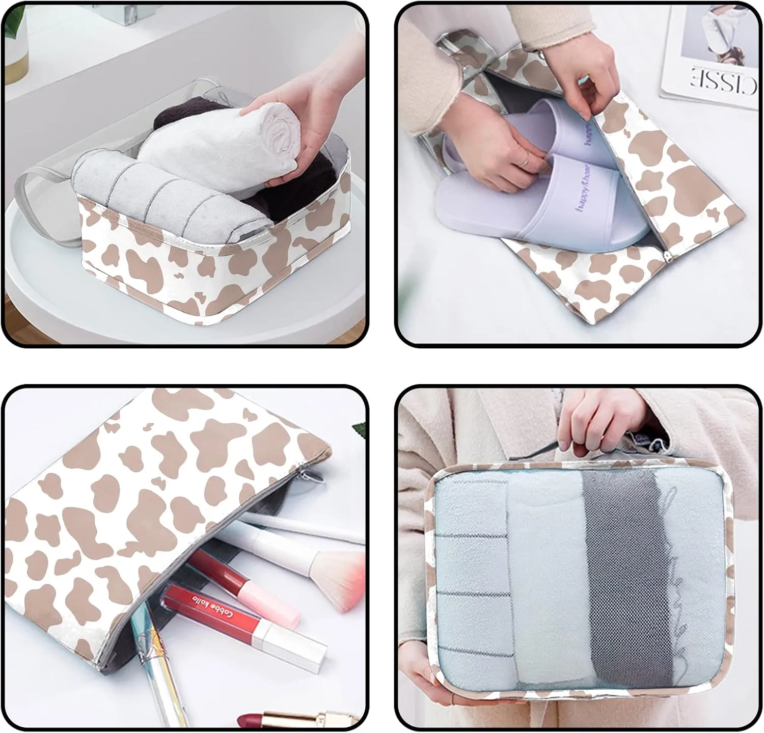 7 Set Packing Cubes Travel Luggage Organizers for Suitcase Travel Accessories with Shoe Bag for Women Girls Aesthetic Cute-Brown Cow