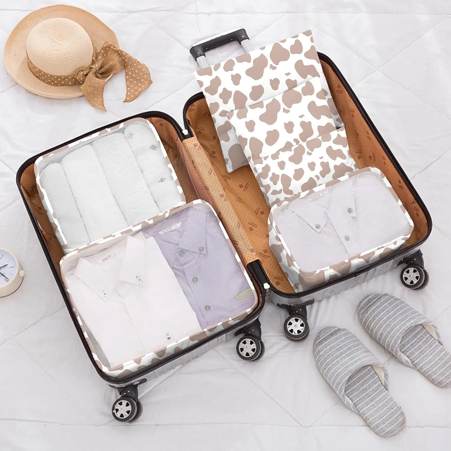 7 Set Packing Cubes Travel Luggage Organizers for Suitcase Travel Accessories with Shoe Bag for Women Girls Aesthetic Cute-Brown Cow