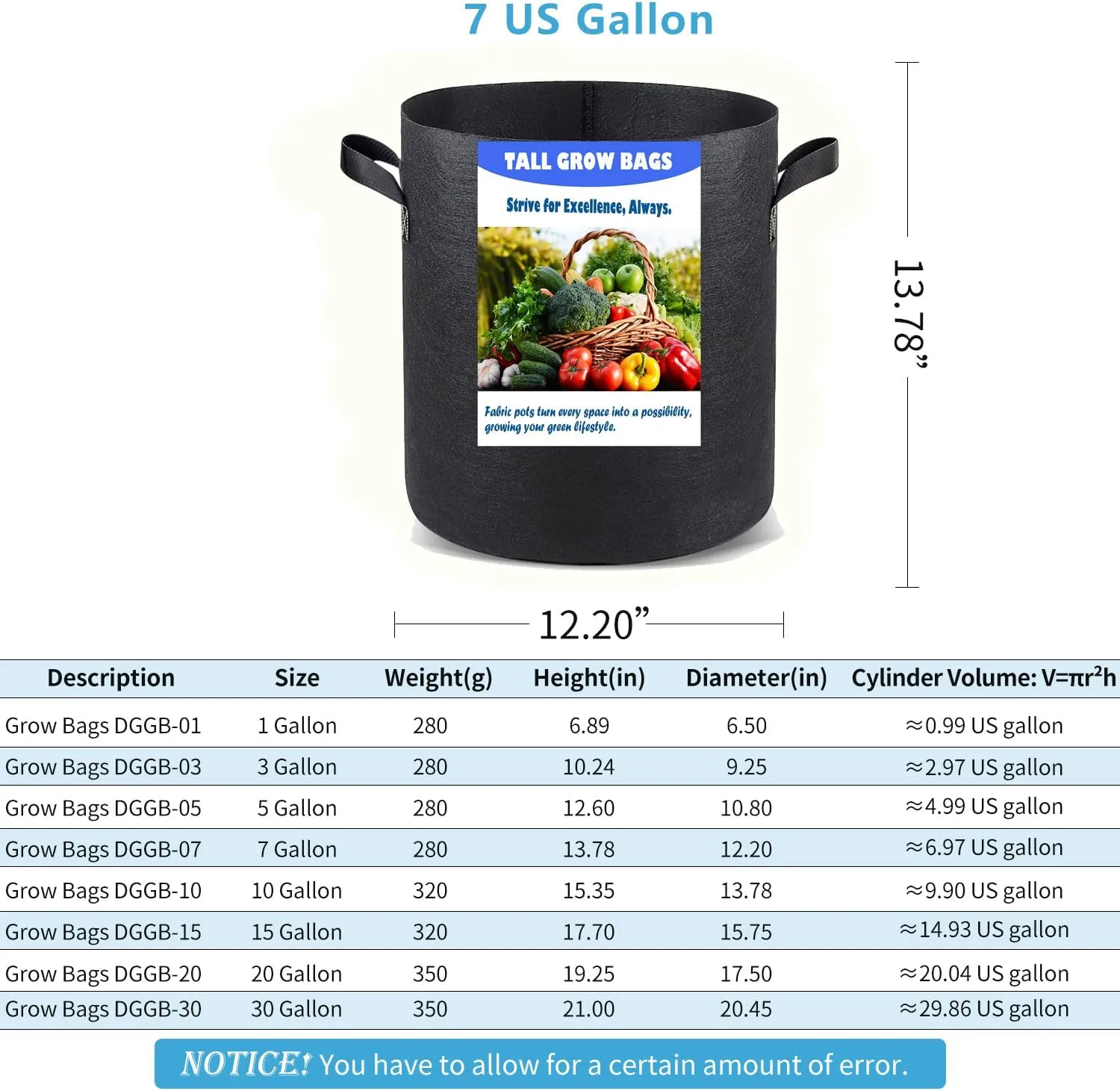 7 US Gallon 8 Pack Tall Grow Bags for Vegetables, Heavy Duty Nonwoven Aeration Fabric Deep Grow Pots with Handles