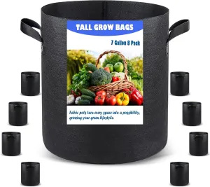 7 US Gallon 8 Pack Tall Grow Bags for Vegetables, Heavy Duty Nonwoven Aeration Fabric Deep Grow Pots with Handles