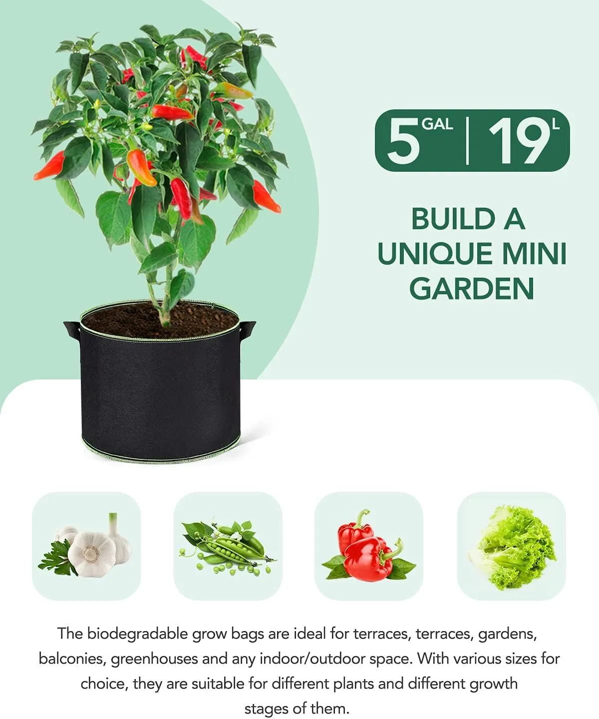 ACSTEP Grow Bags 20 Pack 5 Gallon Heavy Duty Aeration Fabric Pots Thickened Nonwoven Fabric Pots Plant Grow Bags with Handles