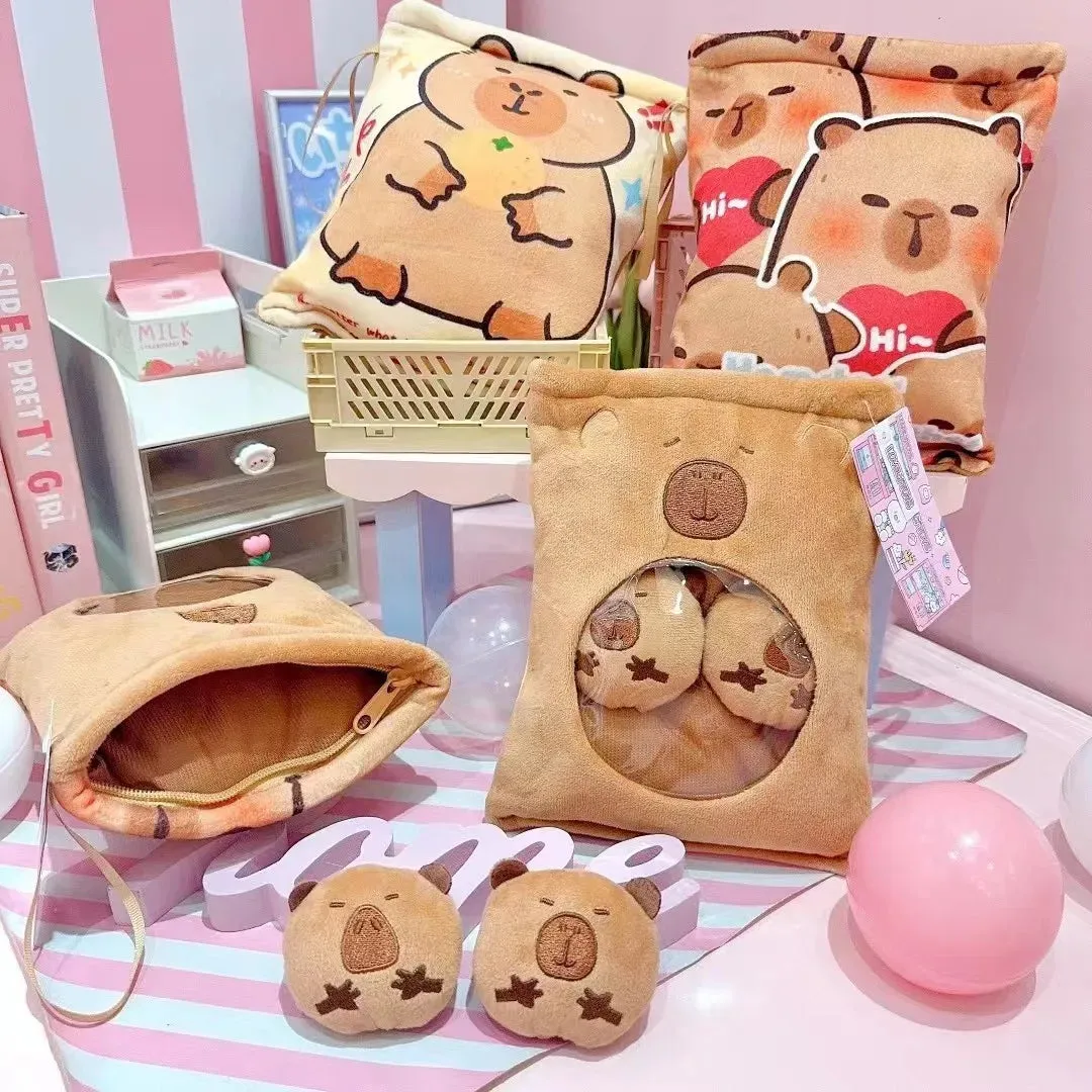 Adorable Kawaii Capybara Plush Snack Bag 🐾💖 - Cute & Soft Animal Bag with 4 Tiny Capybara Cubs!