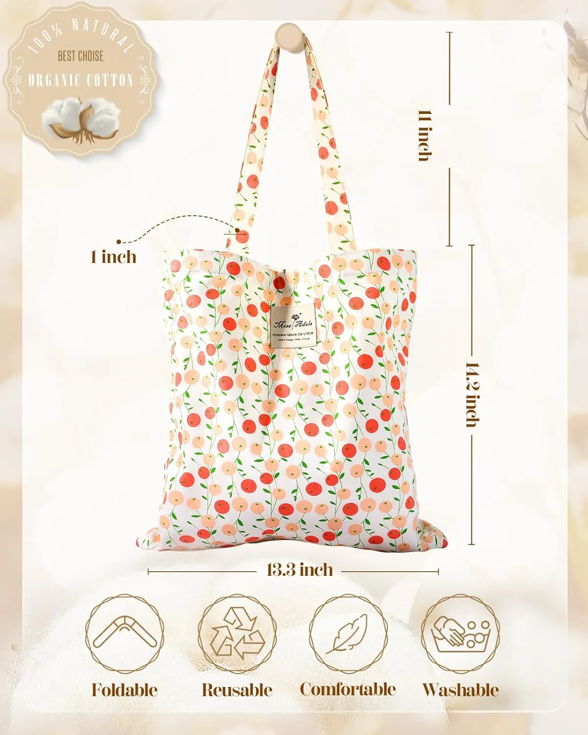 Aesthetic Cotton Tote Bag for Women - Reusable Shoulder Bag with Buckle Fabric Bag for Gym, Travel, Work