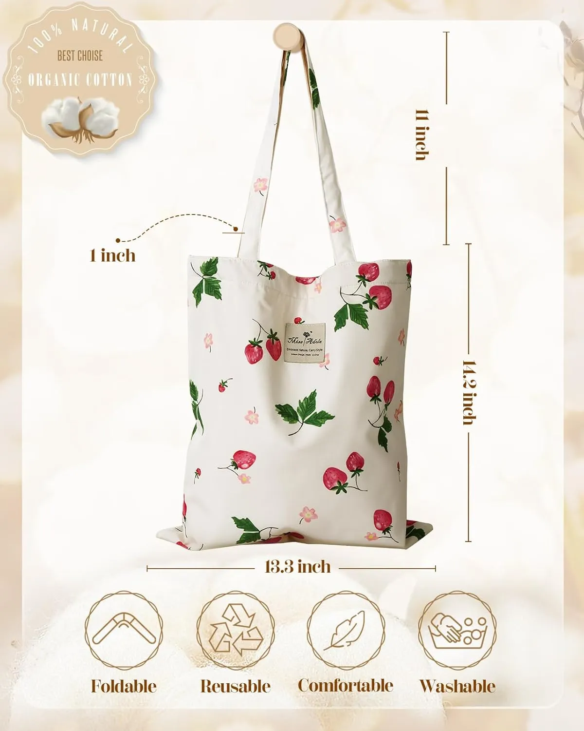 Aesthetic Cotton Tote Bag for Women - Reusable Shoulder Bag with Buckle Fabric Bag for Gym, Travel, Work