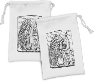 Ambesonne Black and White Fabric Pouch Set of 2, Hand Drawn Greek Scene with Giant Eagle Woodcut Monochromatic Sketch, Small Drawstring Bag for Toiletries Masks and Favors, 9" x 6", White and Black