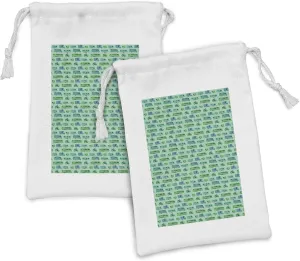 Ambesonne Camper Fabric Pouch Set of 2, Grid Style Squares Background with Various Caravan Models Travel, Small Drawstring Bag for Toiletries Masks and Favors, 9" x 6", Mint Green Green