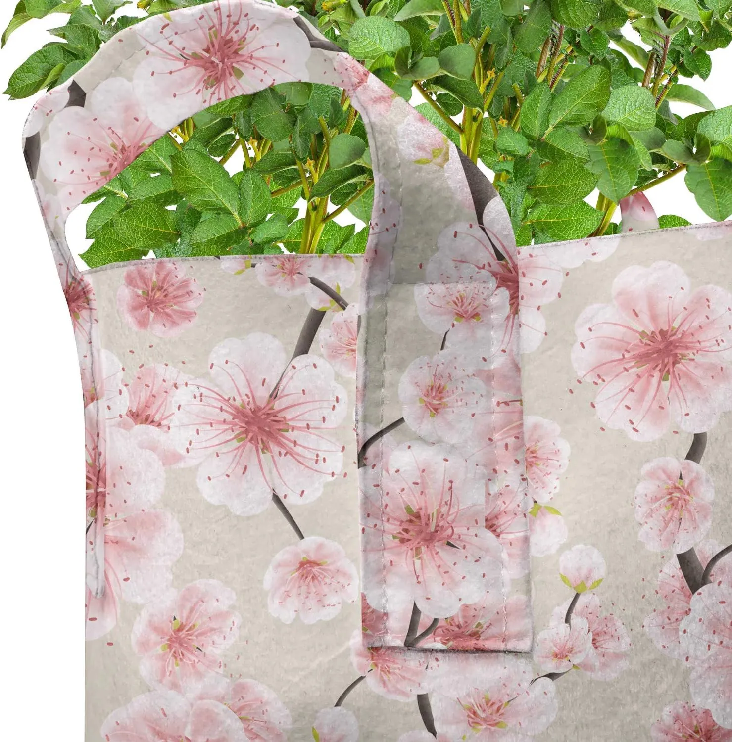 Ambesonne Cherry Blossom Grow Bags 5-Pack, Random Flourish, Heavyduty Fabric Pots with Handles for Plants, Coral Pale Green Brown