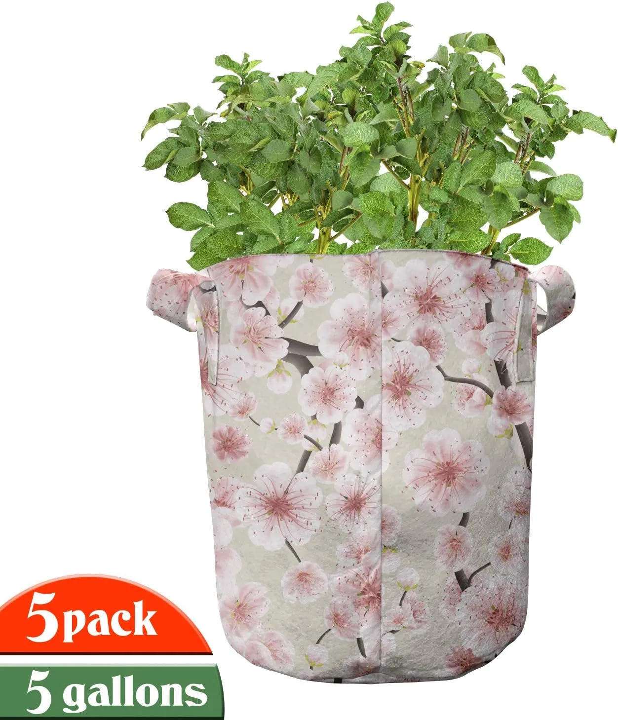 Ambesonne Cherry Blossom Grow Bags 5-Pack, Random Flourish, Heavyduty Fabric Pots with Handles for Plants, Coral Pale Green Brown