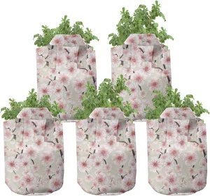 Ambesonne Cherry Blossom Grow Bags 5-Pack, Random Flourish, Heavyduty Fabric Pots with Handles for Plants, Coral Pale Green Brown