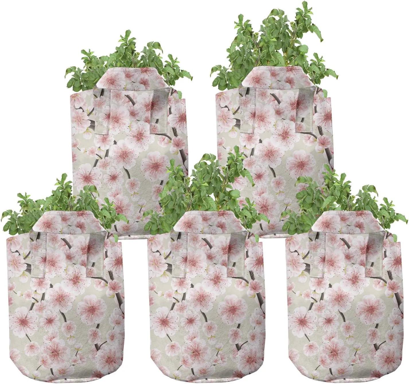 Ambesonne Cherry Blossom Grow Bags 5-Pack, Random Flourish, Heavyduty Fabric Pots with Handles for Plants, Coral Pale Green Brown