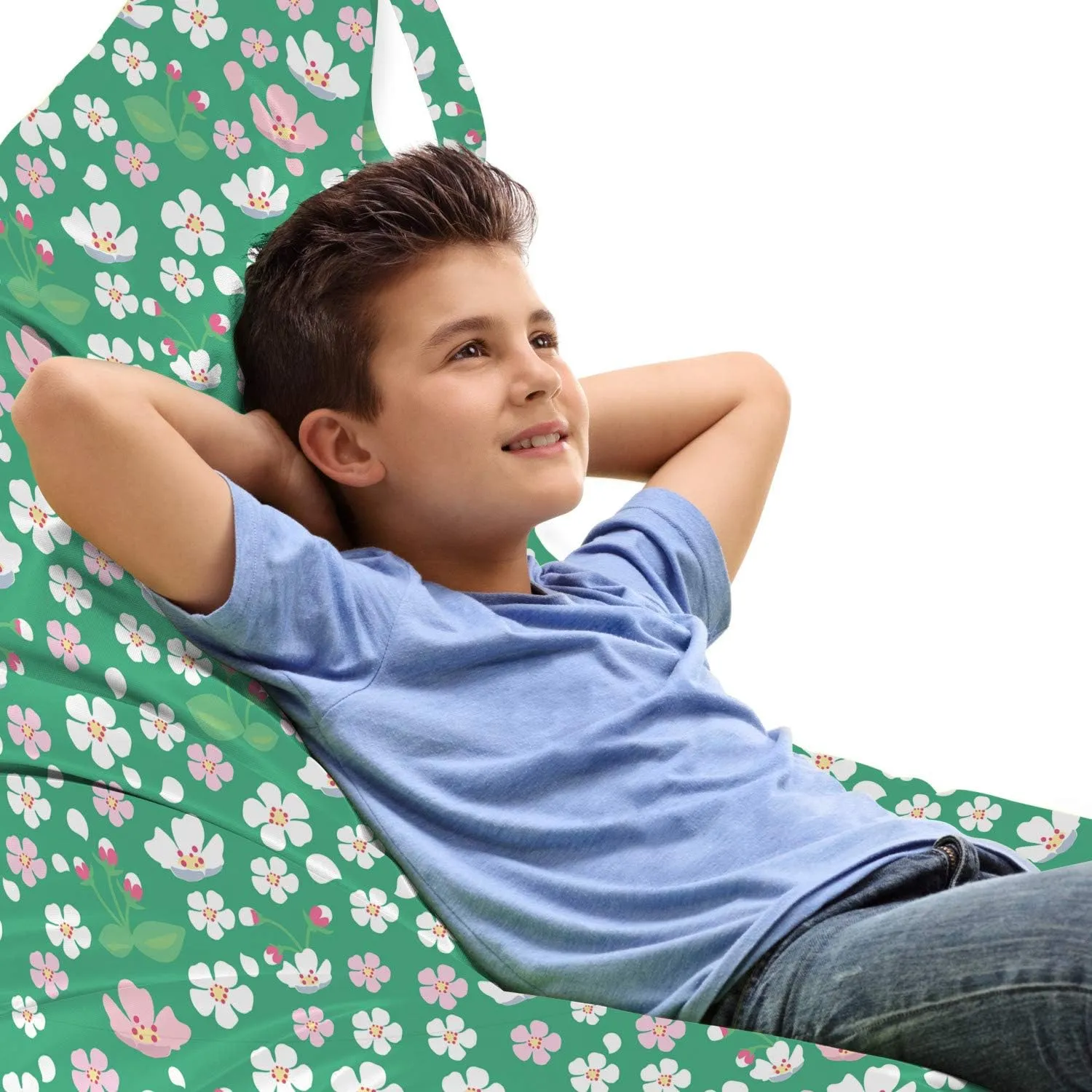 Ambesonne Cherry Blossom Lounger Chair Bag, Downward Sloping Cherry Blossom Petals on a Greenery Background, High Capacity Storage with Handle Container, Lounger Size, Rose and Sea Green