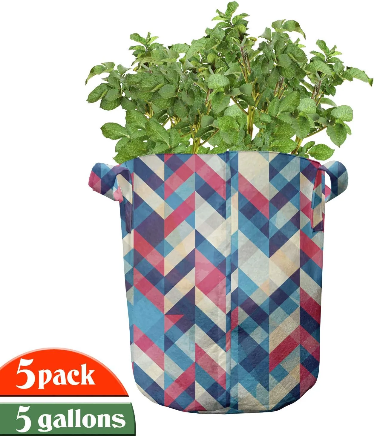 Ambesonne Chevron Grow Bags 5-Pack, Downward Parallel Lines, Heavyduty Fabric Pots with Handles for Plants, 5 Gallon, Multicolor