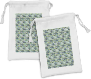 Ambesonne Floral Fabric Pouch Set of 2, Water Lily Flowers and Leaves on Wetland Themed Background Colored in Cold Tones, Small Drawstring Bag for Toiletries Masks and Favors, 9" x 6", Multicolor
