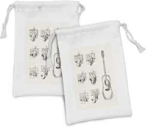 Ambesonne Guitar Fabric Pouch Set of 2, Sketch Art Style Instrument and Chords Acoustic Flamenco Technique Skill Talent, Small Drawstring Bag for Toiletries Masks and Favors, 9" x 6", Cream Brown