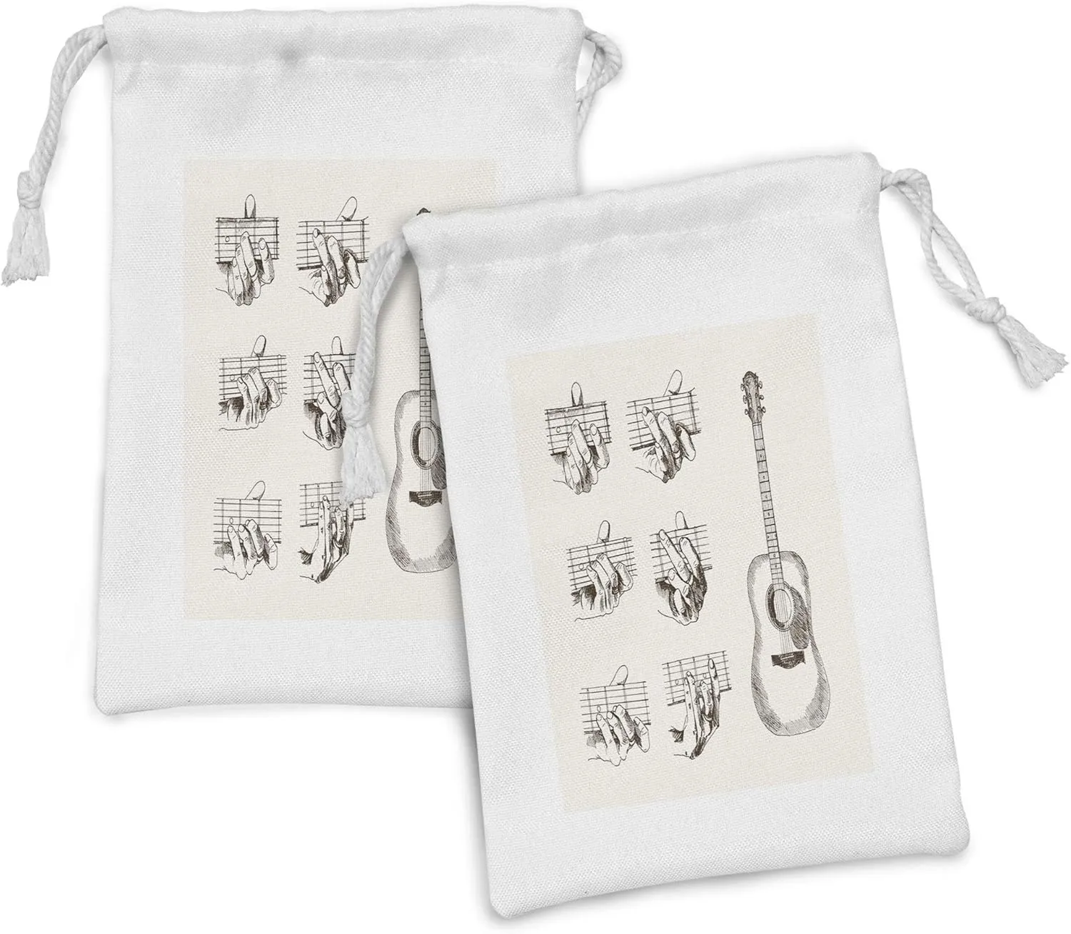 Ambesonne Guitar Fabric Pouch Set of 2, Sketch Art Style Instrument and Chords Acoustic Flamenco Technique Skill Talent, Small Drawstring Bag for Toiletries Masks and Favors, 9" x 6", Cream Brown