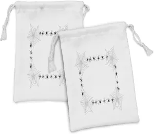 Ambesonne Halloween Fabric Pouch Set of 2, Creepy Framework with Venom Poison Trap Cartoon Style Monochrome Spooky Print, Small Drawstring Bag for Toiletries Masks and Favors, 9" x 6", White Black