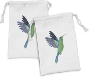 Ambesonne Hummingbird Fabric Pouch Set of 2, Love Freedom Sign Thin Beak Bird Animal Isolated Illustration, Small Drawstring Bag for Toiletries Masks and Favors, 9" x 6", White and Multicolor