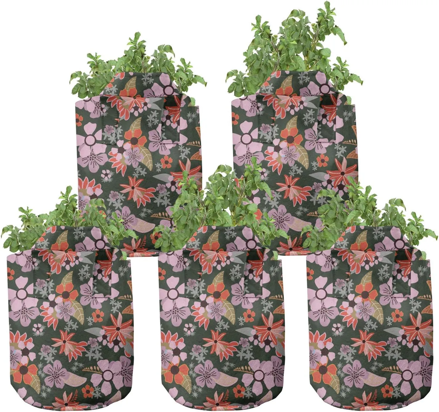 Ambesonne Meadow Grow Bags 5-Pack, Flourish Season Rural Blooms, Heavyduty Fabric Pots with Handles for Plants, Pale Pink Red Green