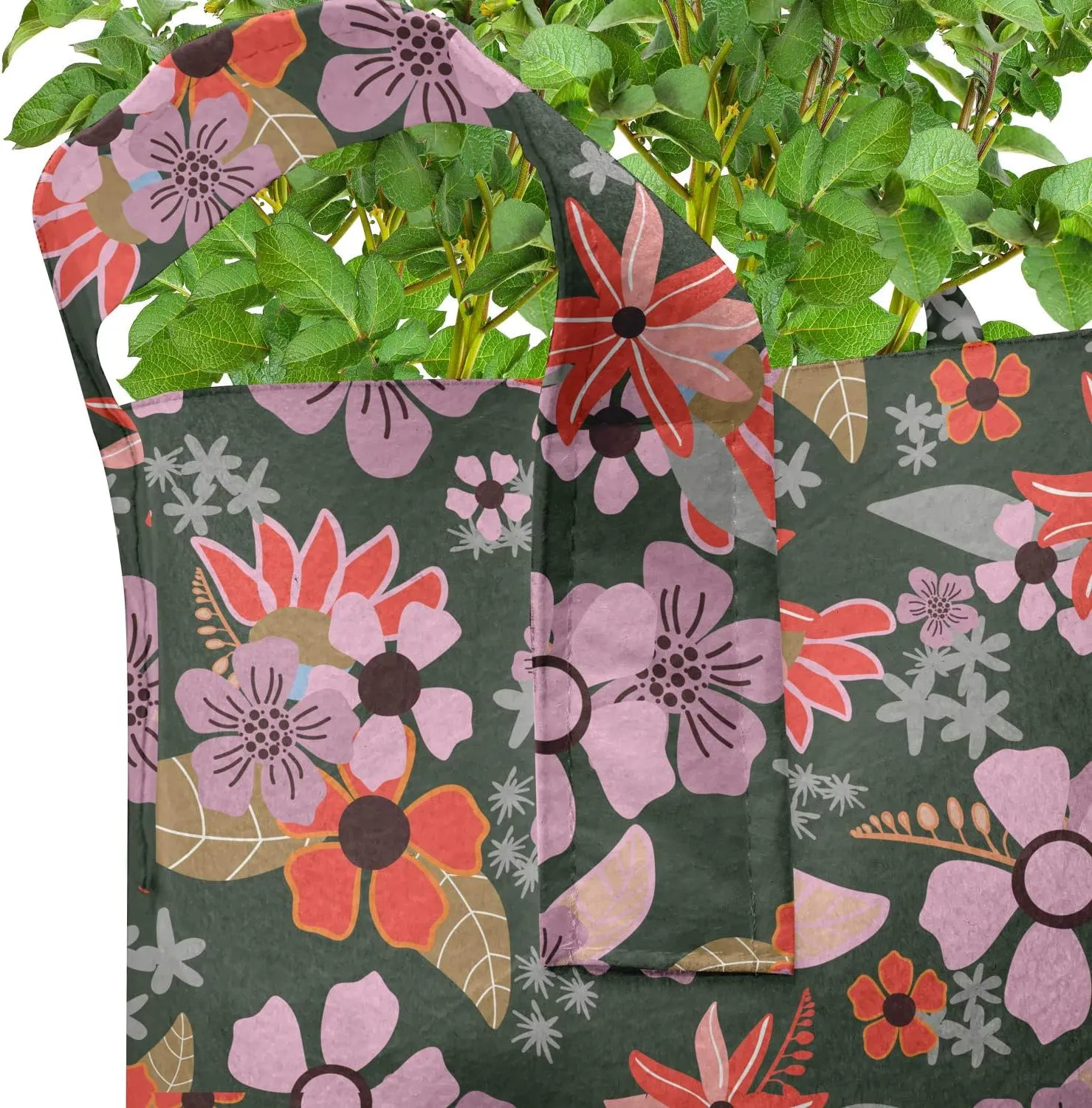 Ambesonne Meadow Grow Bags 5-Pack, Flourish Season Rural Blooms, Heavyduty Fabric Pots with Handles for Plants, Pale Pink Red Green