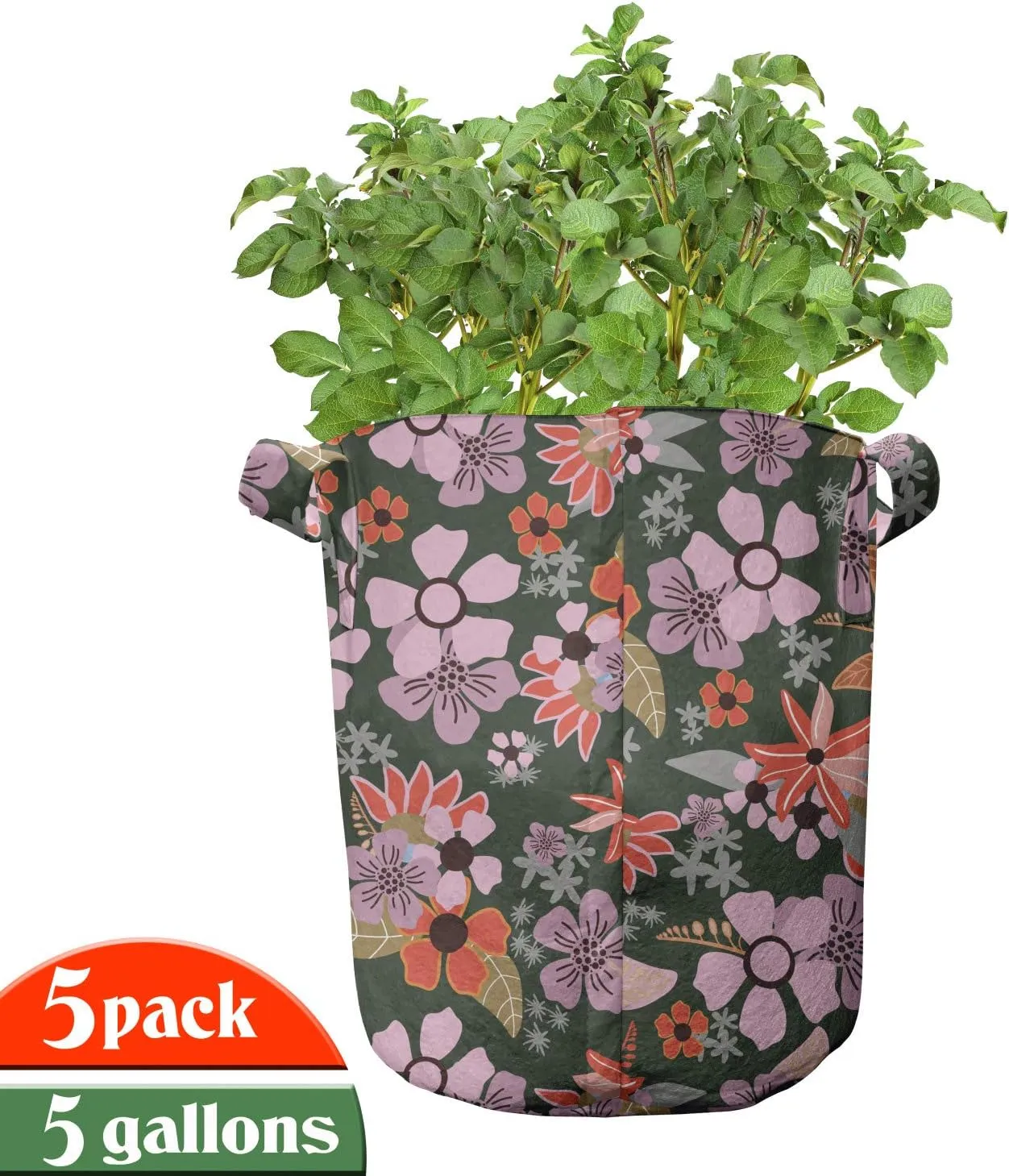 Ambesonne Meadow Grow Bags 5-Pack, Flourish Season Rural Blooms, Heavyduty Fabric Pots with Handles for Plants, Pale Pink Red Green
