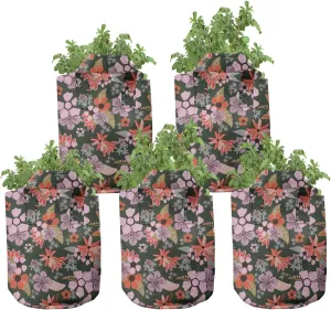 Ambesonne Meadow Grow Bags 5-Pack, Flourish Season Rural Blooms, Heavyduty Fabric Pots with Handles for Plants, Pale Pink Red Green