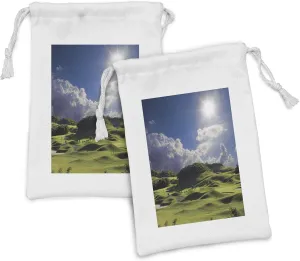 Ambesonne Nature Fabric Pouch Set of 2, Mountain Pasture Sunshine Summer View Grassy Hills Panoramic Photo Golf Court Like, Small Drawstring Bag for Toiletries Masks and Favors, 9" x 6", Green Blue