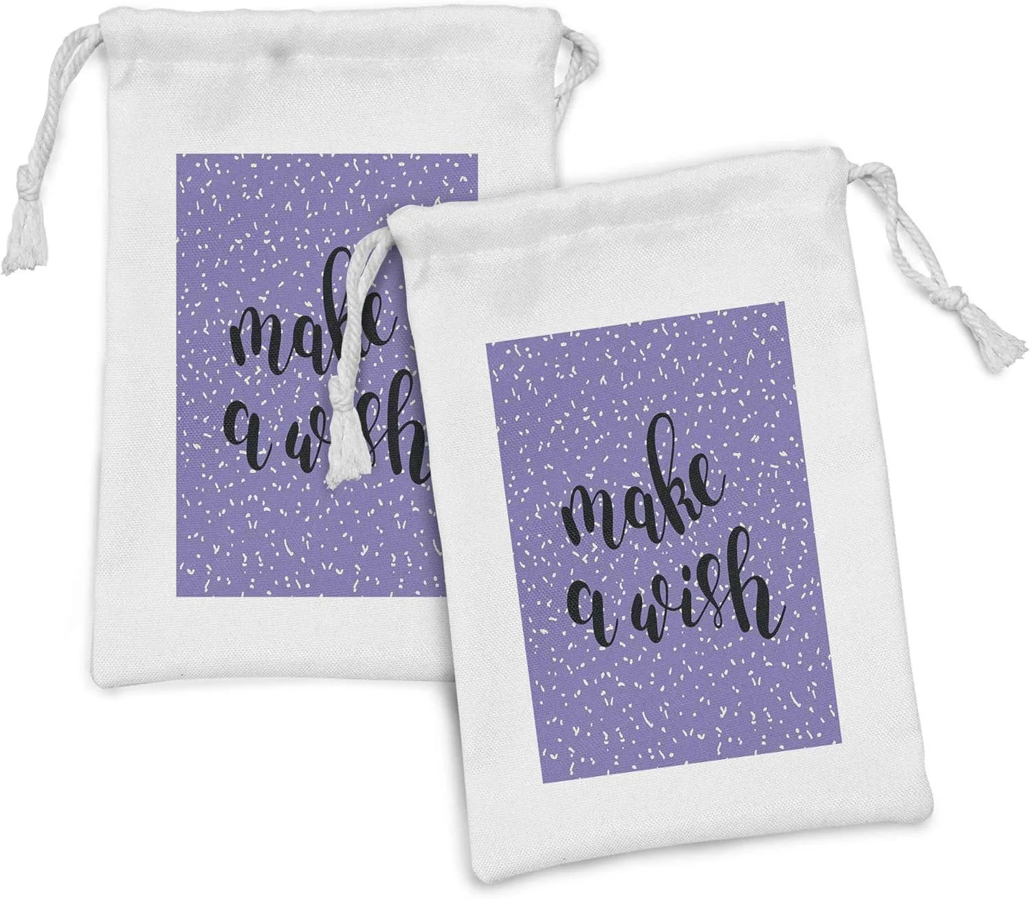 Ambesonne Saying Fabric Pouch Set of 2, Brush Calligraphy Make a Wish Words Uplifting Composition on Violet Background, Small Drawstring Bag for Toiletries Masks and Favors, 9" x 6", Violet Black