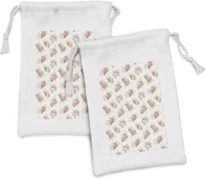 Ambesonne Shabby Flora Fabric Pouch Set of 2, Nostalgic Themed Bunch of Magnolia Buds Rococo Poetic Fresh Nature, Small Drawstring Bag for Toiletries Masks and Favors, 9" x 6", Green Pink Off White