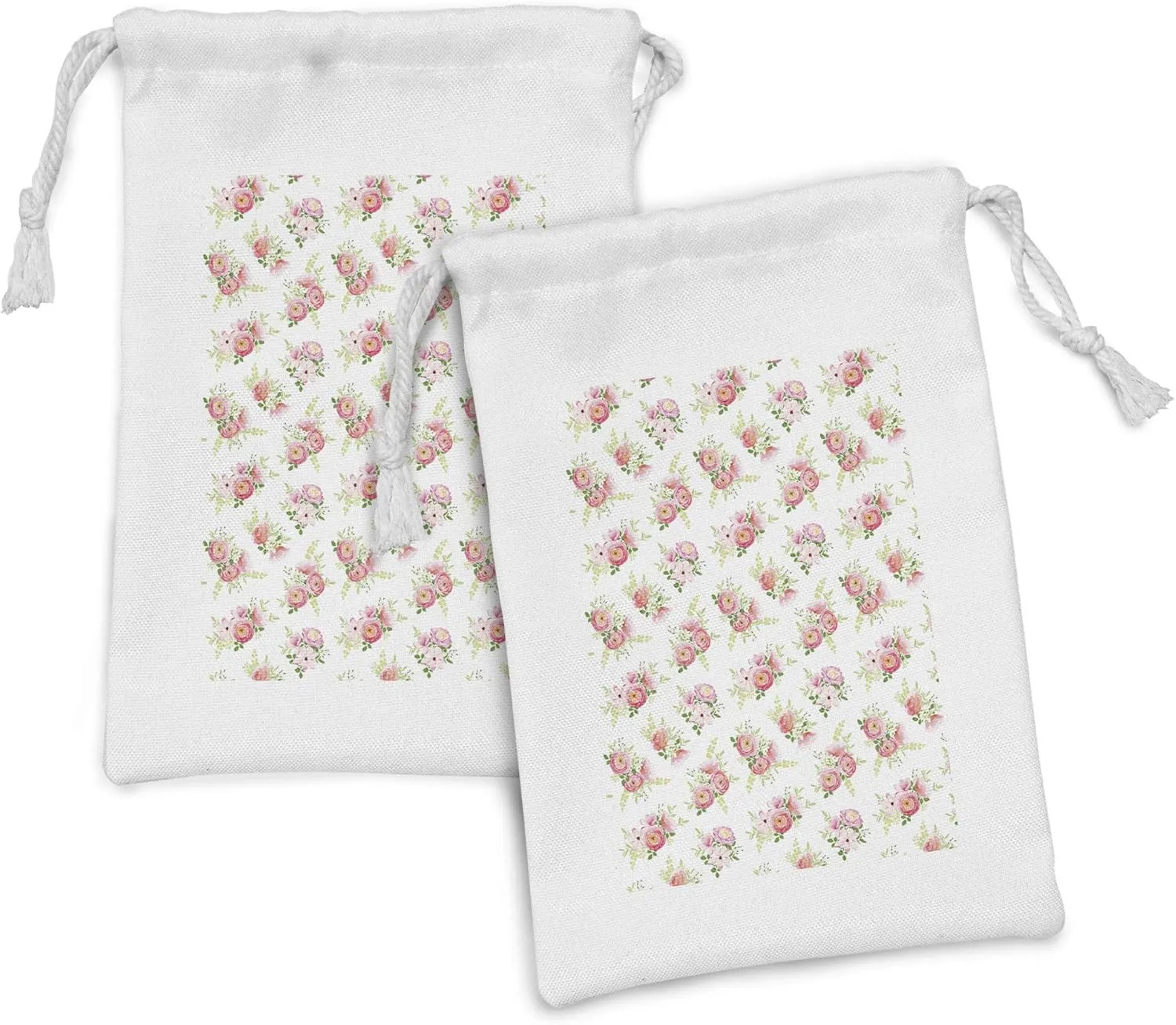 Ambesonne Shabby Flora Fabric Pouch Set of 2, Nostalgic Themed Bunch of Magnolia Buds Rococo Poetic Fresh Nature, Small Drawstring Bag for Toiletries Masks and Favors, 9" x 6", Green Pink Off White