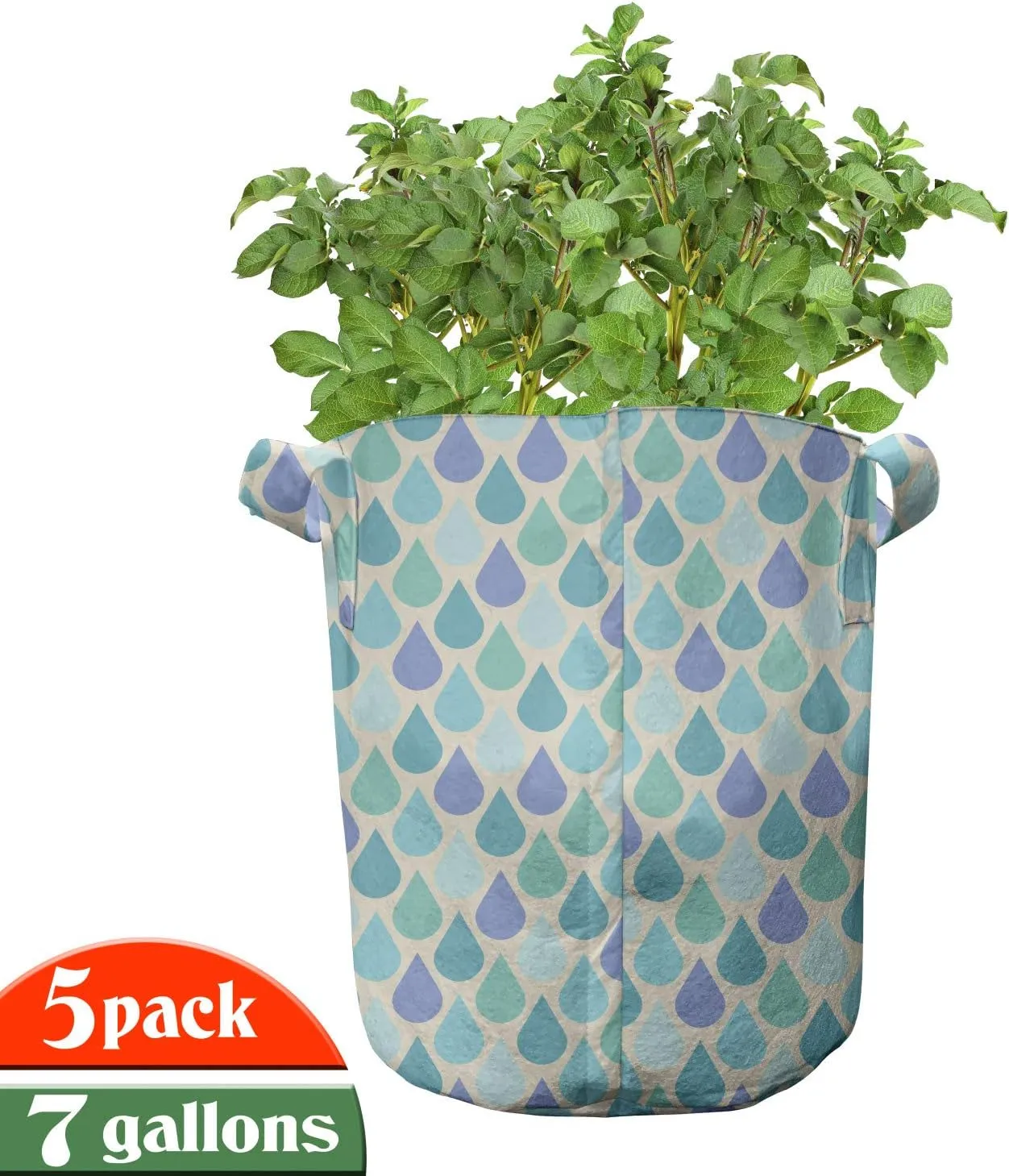 Ambesonne Teal Grow Bags 5-Pack, Colorful Water Droplets, Heavyduty Fabric Pots with Handles for Plants, 7 Gallon, Aqua Teal Lavender