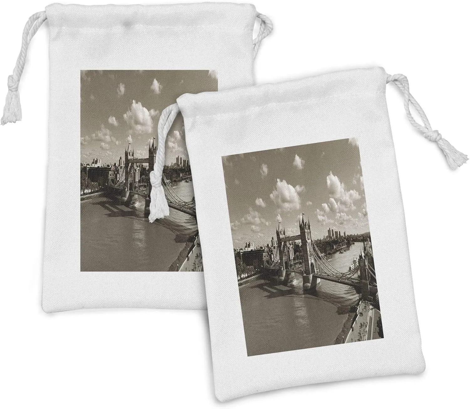 Ambesonne Travel Fabric Pouch Set of 2, Tower Bridge in London City Cloudy Sky Old Historic Cityscape Nostalgia England, Small Drawstring Bag for Toiletries Masks and Favors, 9" x 6", Sepia White
