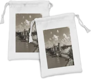 Ambesonne Travel Fabric Pouch Set of 2, Tower Bridge in London City Cloudy Sky Old Historic Cityscape Nostalgia England, Small Drawstring Bag for Toiletries Masks and Favors, 9" x 6", Sepia White