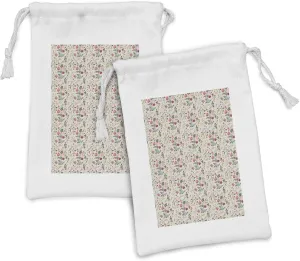 Ambesonne Vintage Botany Fabric Pouch Set of 2, Victorian and Colorful Endemic Flower Bouquets Prettily Blooming, Small Drawstring Bag for Toiletries Masks and Favors, 9" x 6", Eggshell Multicolor