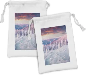 Ambesonne Winter Fabric Pouch Set of 2, European Snowy Mountains Pine Forest with Sky Colors Overcast Windy Fresh Image, Small Drawstring Bag for Toiletries Masks and Favors, 9" x 6", White Pink