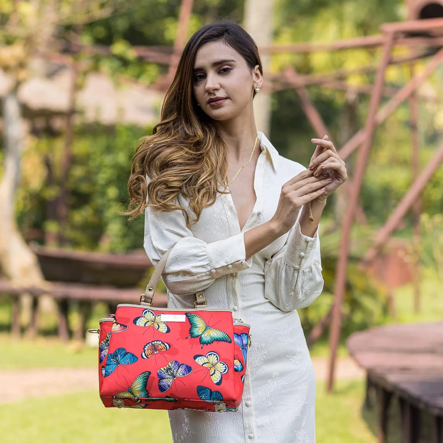 Anuschka Multicompartment Satchel-Wanderlust Collection-Nylon Fabric with Leather Trim and Artwork Print