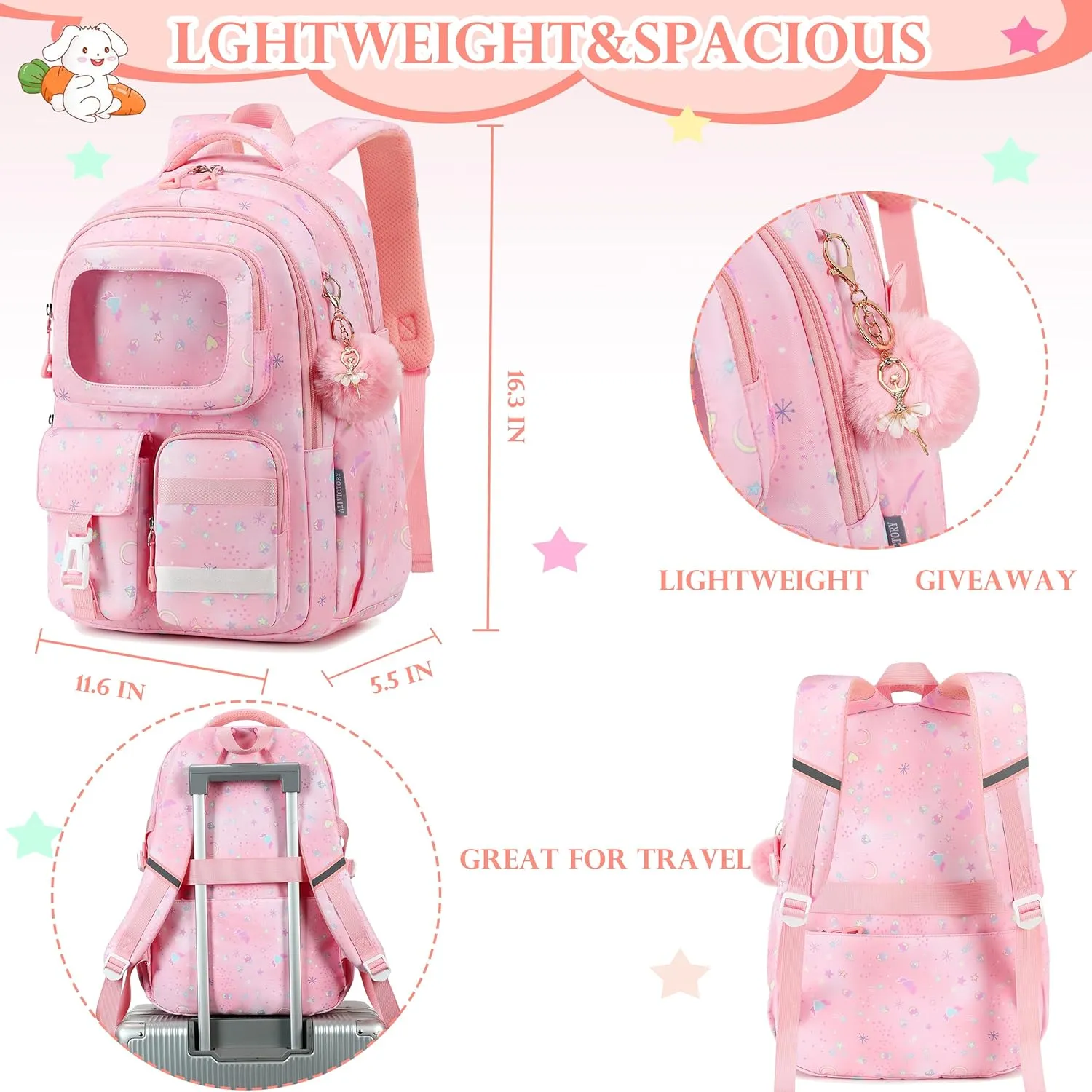 AO ALI VICTORY Backpack for Girls Kids School Bags for Kindergarten Elementary Schoolbag Students Backpacks Cute 15.6 inch Laptop Bookbag Teens Girl Back Pack Travel Daypack, Pink