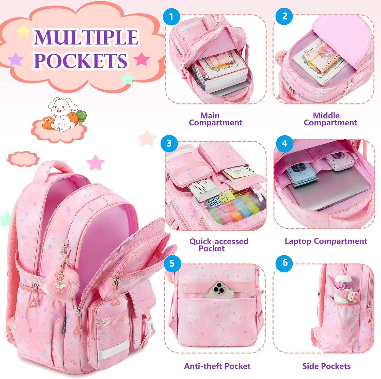 AO ALI VICTORY Backpack for Girls Kids School Bags for Kindergarten Elementary Schoolbag Students Backpacks Cute 15.6 inch Laptop Bookbag Teens Girl Back Pack Travel Daypack, Pink