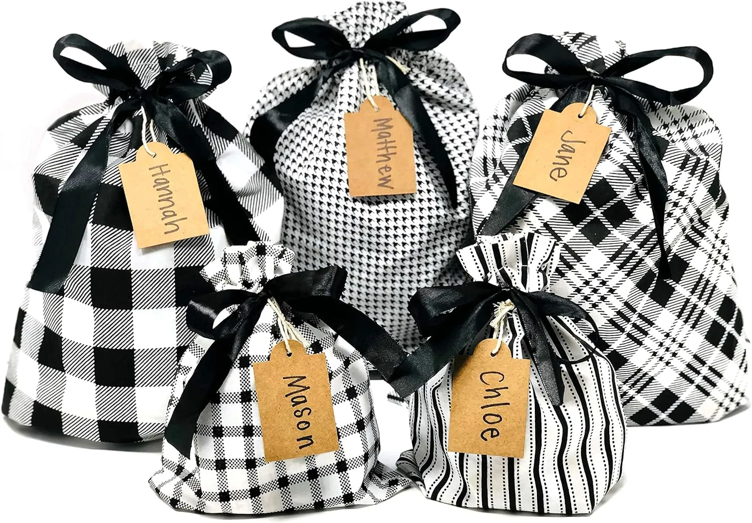 Appleby Lane Fabric Gift Bags (Standard Set, Plaids & Stripes) Set of 5 100% Cotton bags, three 16"x12" and two 10"x8"