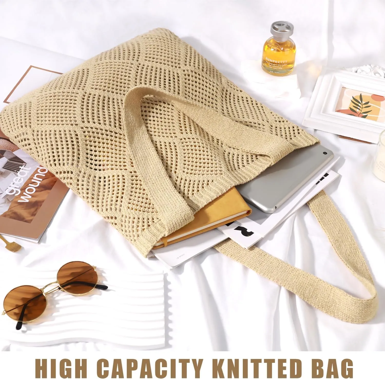 Ayieyill Crochet Tote Bag For Women, Crochet Mesh Beach Tote Bag Summer Vacation Aesthetic Boho Knit Bag for Women